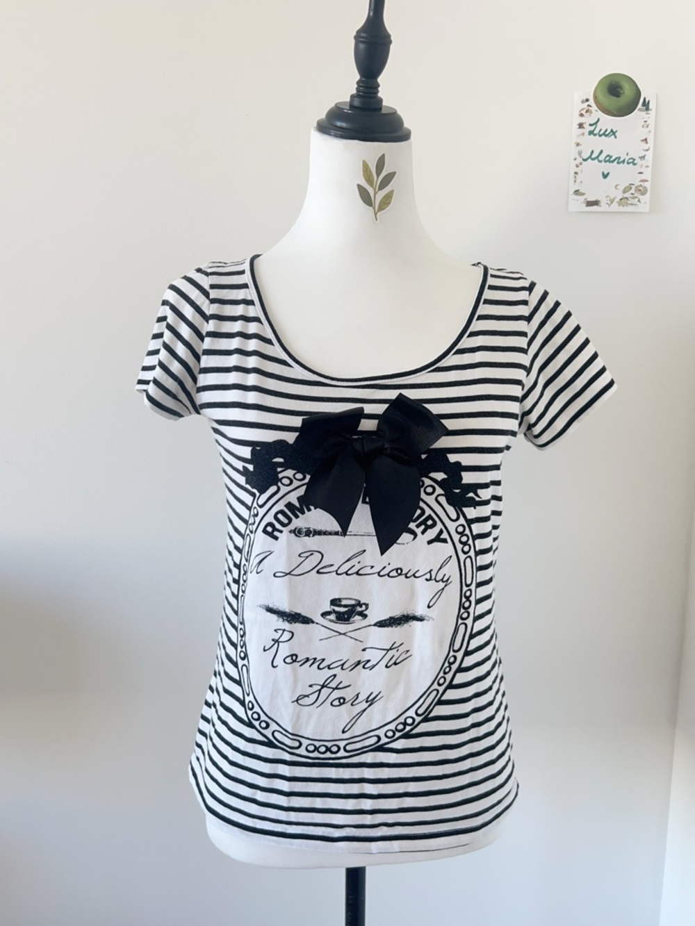 VILA Black White Striped Bow Graphic Tee S Coquette Y2K Retro French Romantic